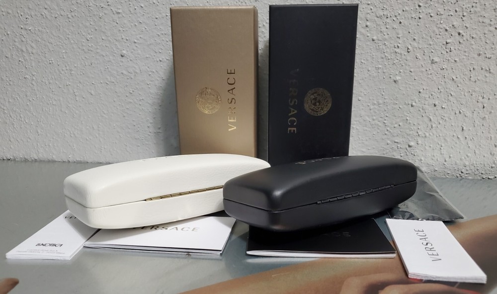VERSACE Black & White Leather Hard CLAMSHELL MEDIUM Eyeglasses CASES: NEW