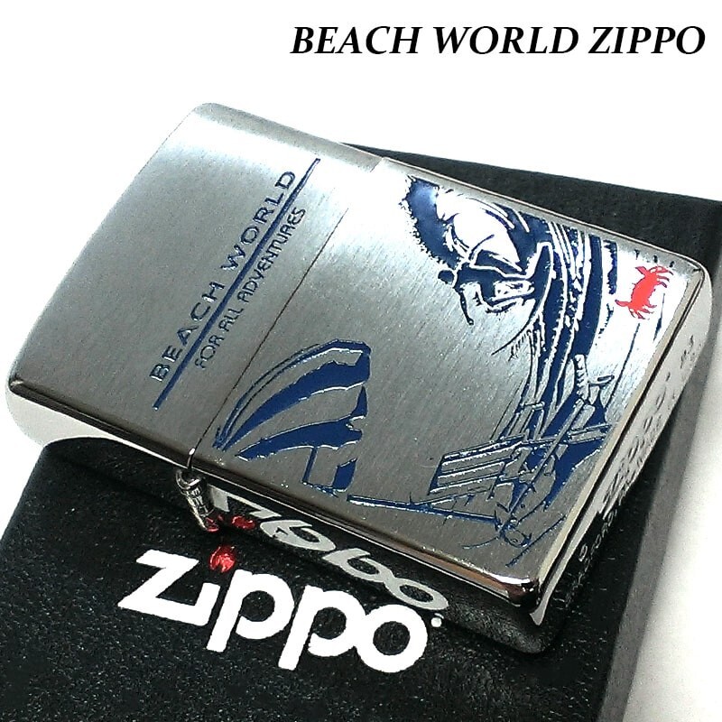 Zippo Beach World Surfing Silver Satin One Side Processing Etching Lighter Japan