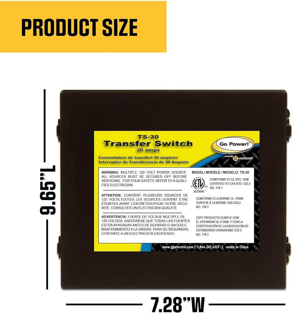 Go Power TS-30 30 Amp Automatic Transfer Switch, Dual Source Compatibility, Gene