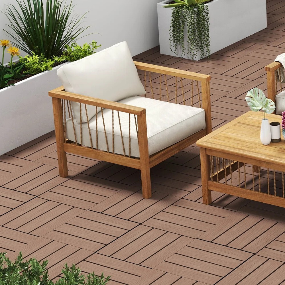 44Pcs HDPE Interlocking Deck,Waterproof Snap-Together w/Drainage Design,Brown