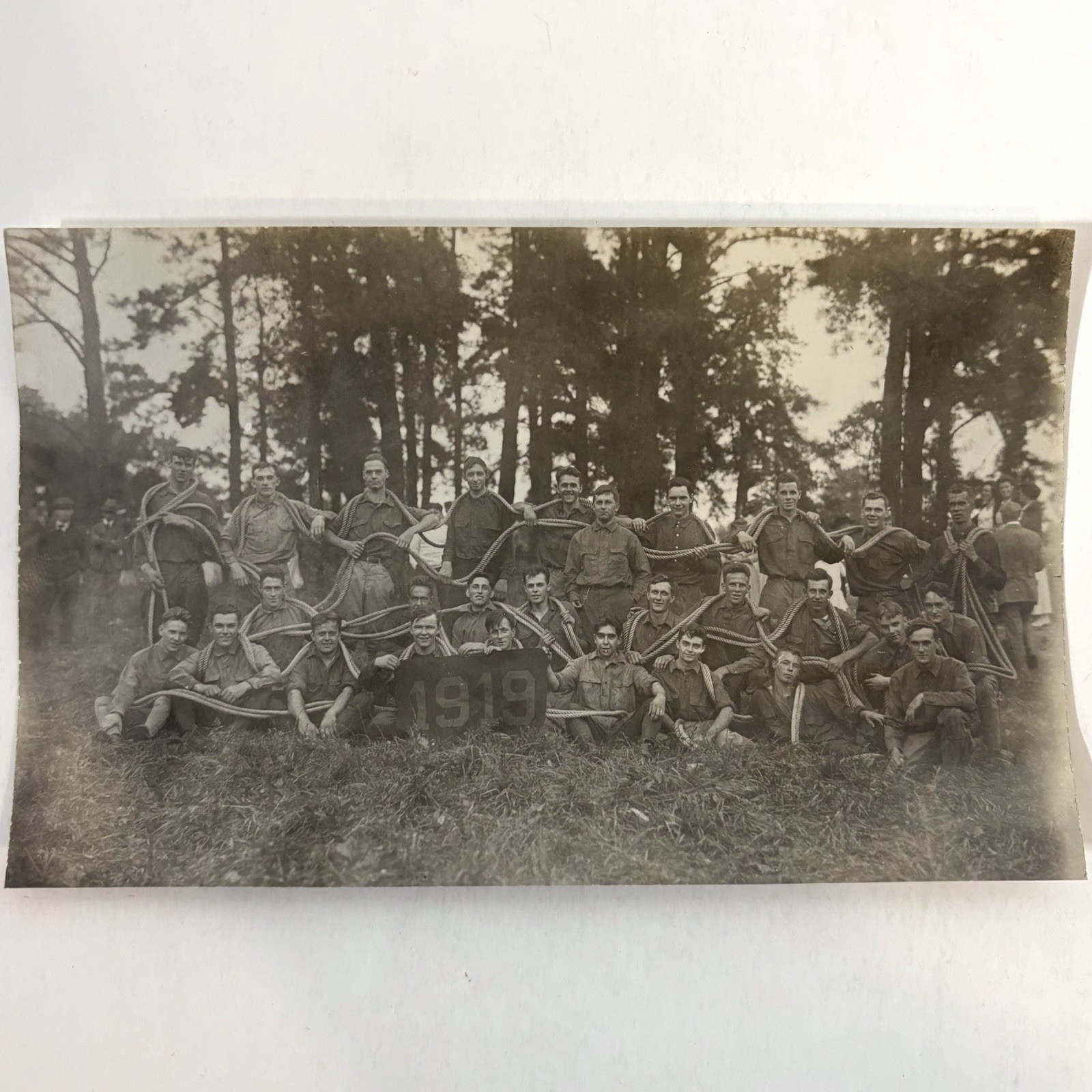 Antique 1919 WWI Era Photo US Soldiers Army Camp Flag Double Rope Original Odd