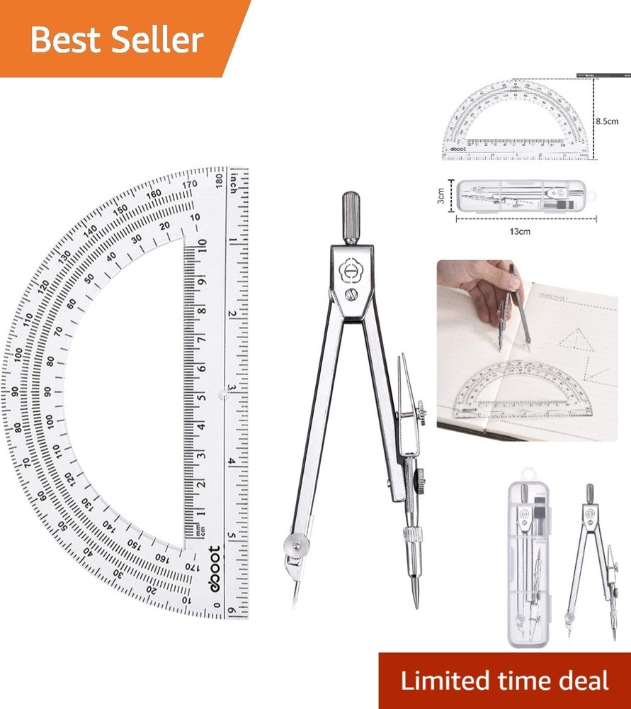Clear 6 Inch Protractor & Stainless Steel Compass - Geometry Essentials Set