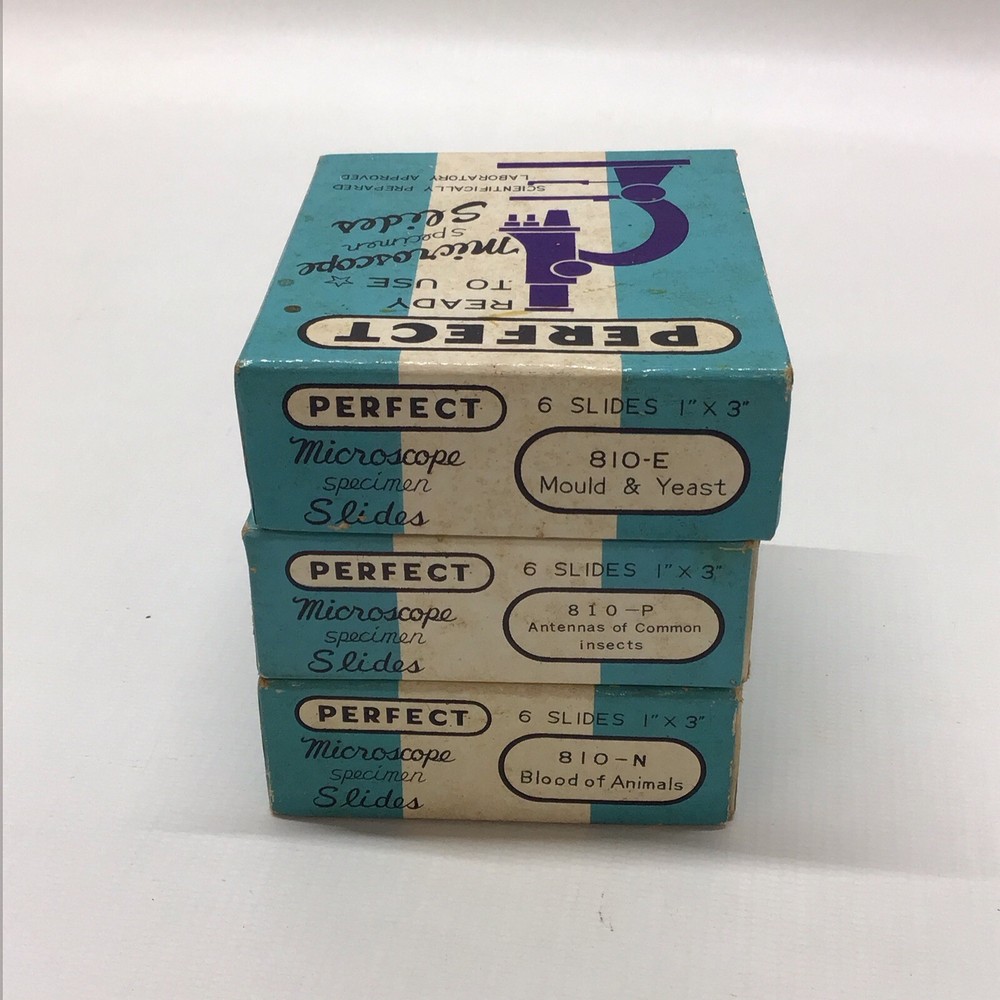 Vintage PERFECT MICROSCOPE SPECIMEN SLIDES 3 Boxes 18 Slides 810-E, N, & P