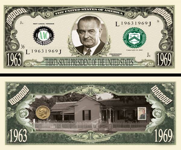 36th President Lyndon B Johnson Million Dollar Funny Money Novelty Note + SLEEVE