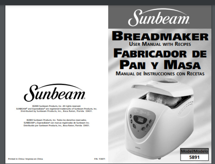 Sunbeam 5891 Automatic Bread Maker MANUAL (Only!) 44 pages plus recipes