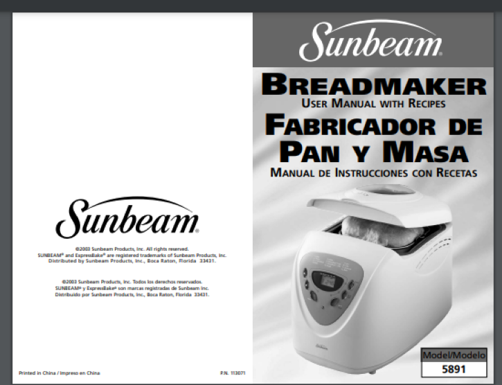 Sunbeam 5891 Automatic Bread Maker MANUAL (Only!) 44 pages plus recipes