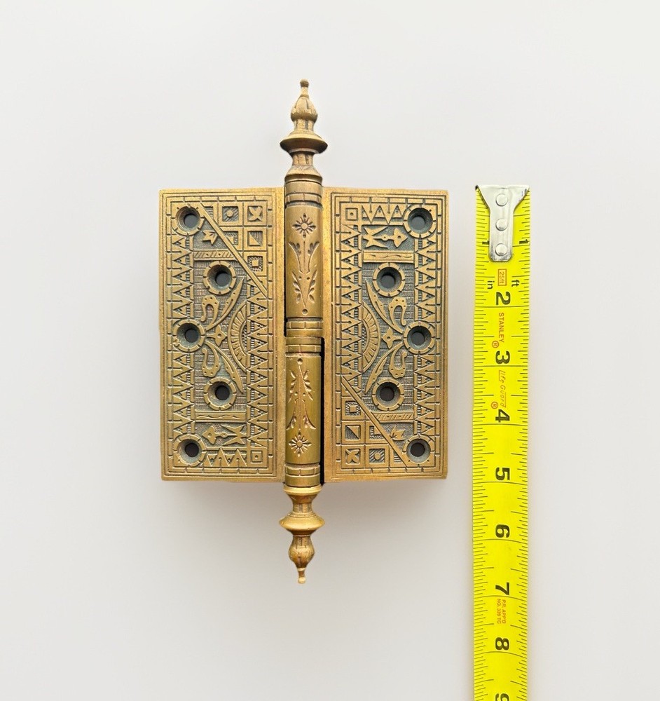 Antique 5" Solid Brass Steeple Tip Hinges (3) & Escutcheons (2) Reclaimed
