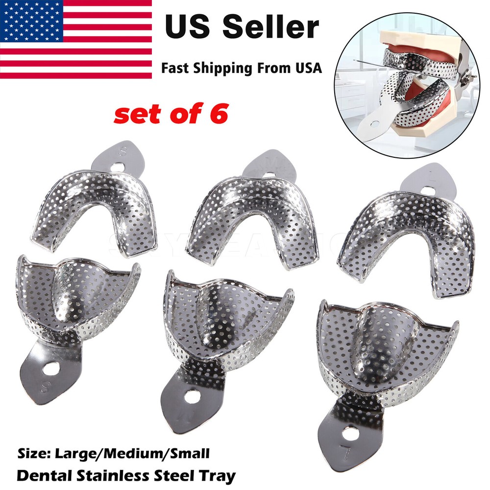 6 Metal Dental Impression Trays Perforated Upper & Lower Endo Instruments