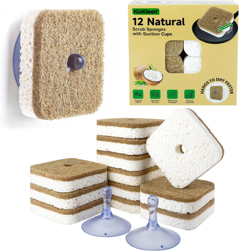 12Pack Natural Kitchen Scrub Dish Sponge with Suction Hanger Biodegradable Comp