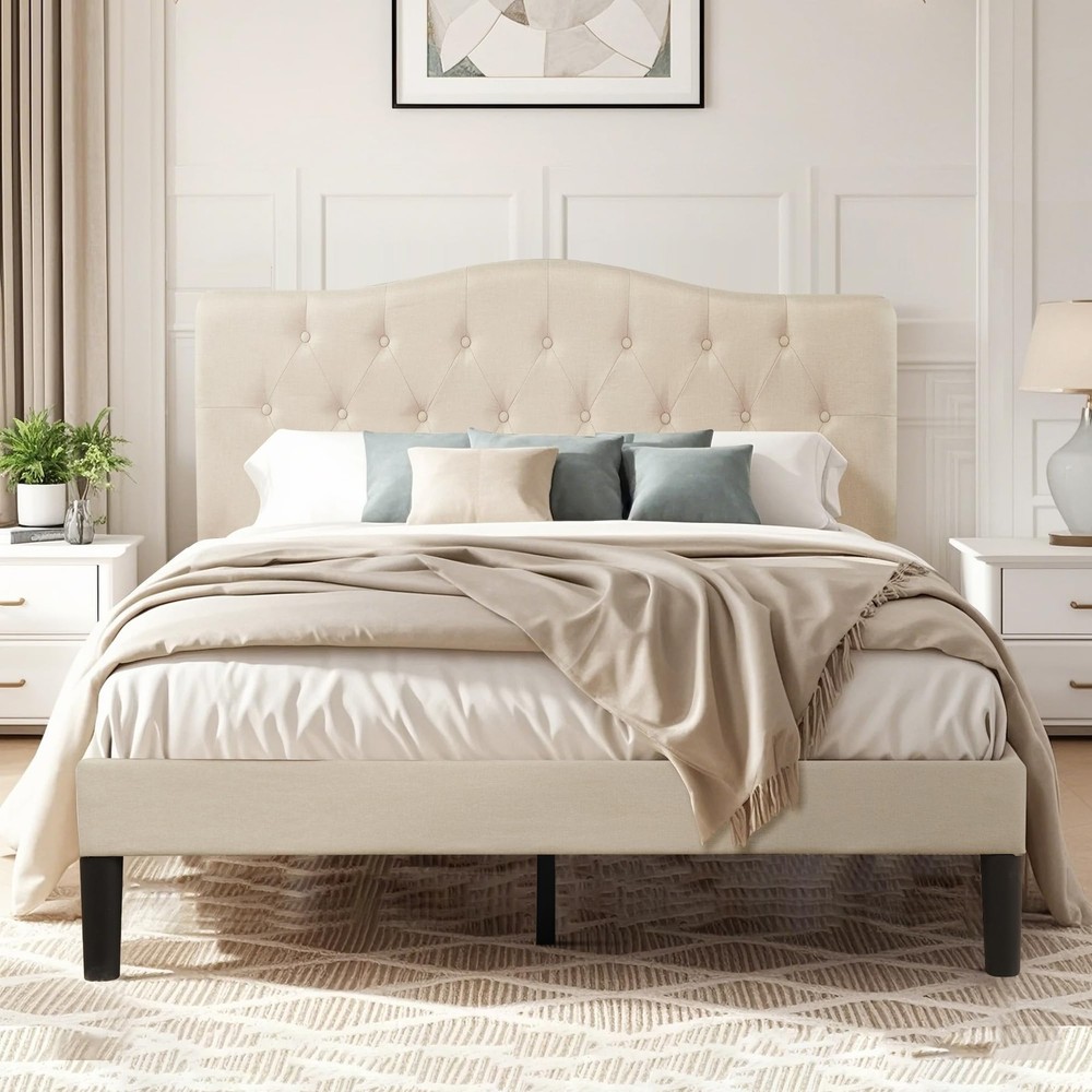 Vecelo Queen Platform Bed Frame - Beige Upholstered Headboard