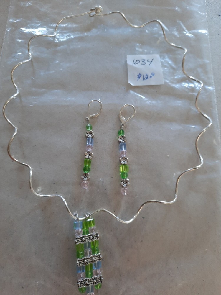 Silver And Glass Bead Necklace/Earring Set