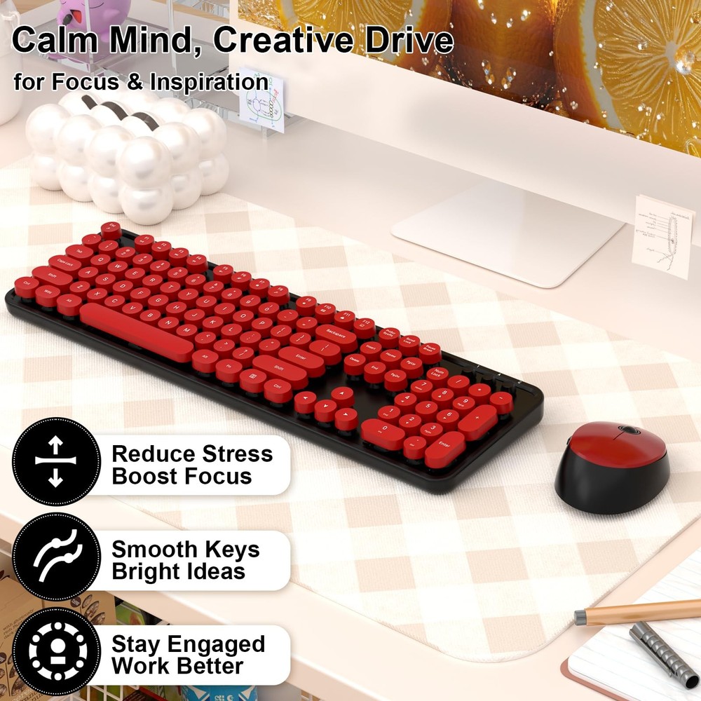 Wireless Keyboard, Mouse, Retro Typewriter, Round Keycaps, Black, Red, Full-Size