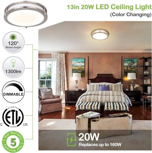 Flush Mount LED Ceiling Light Fixture, 13 inch Brushed Nickel
