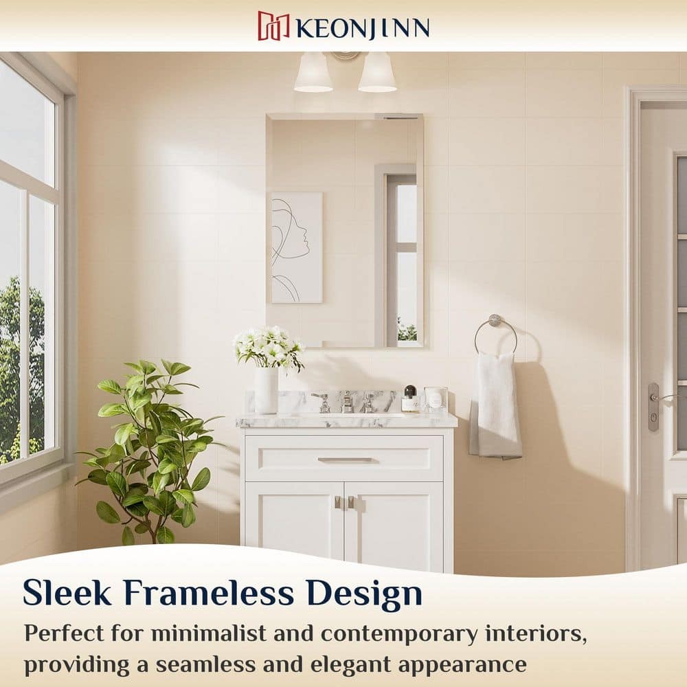 KeonJinn 24" W x 32" H Rectangular Beveled Frameless Wall Mount Bathroom Vanity