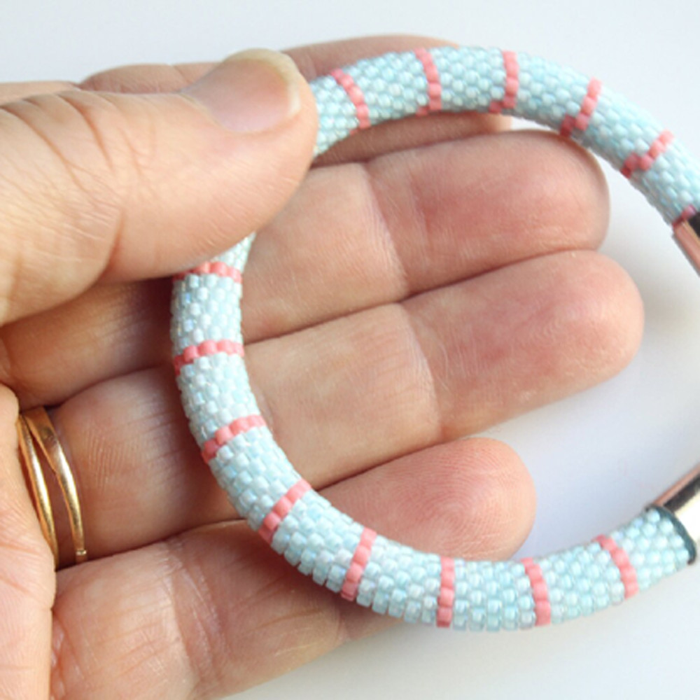 Bead Crochet Aqua Blue Stripped Bracelet