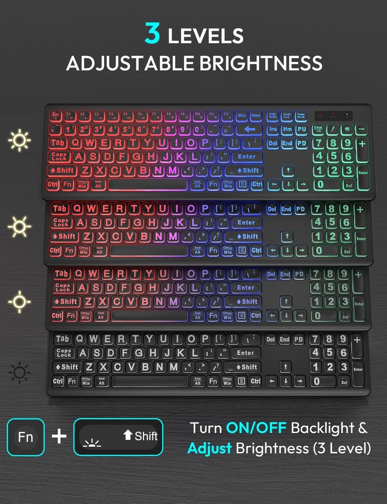 Wireless Keyboard and Mouse Combo - Large Print, RGB Backlit, Oversize Light