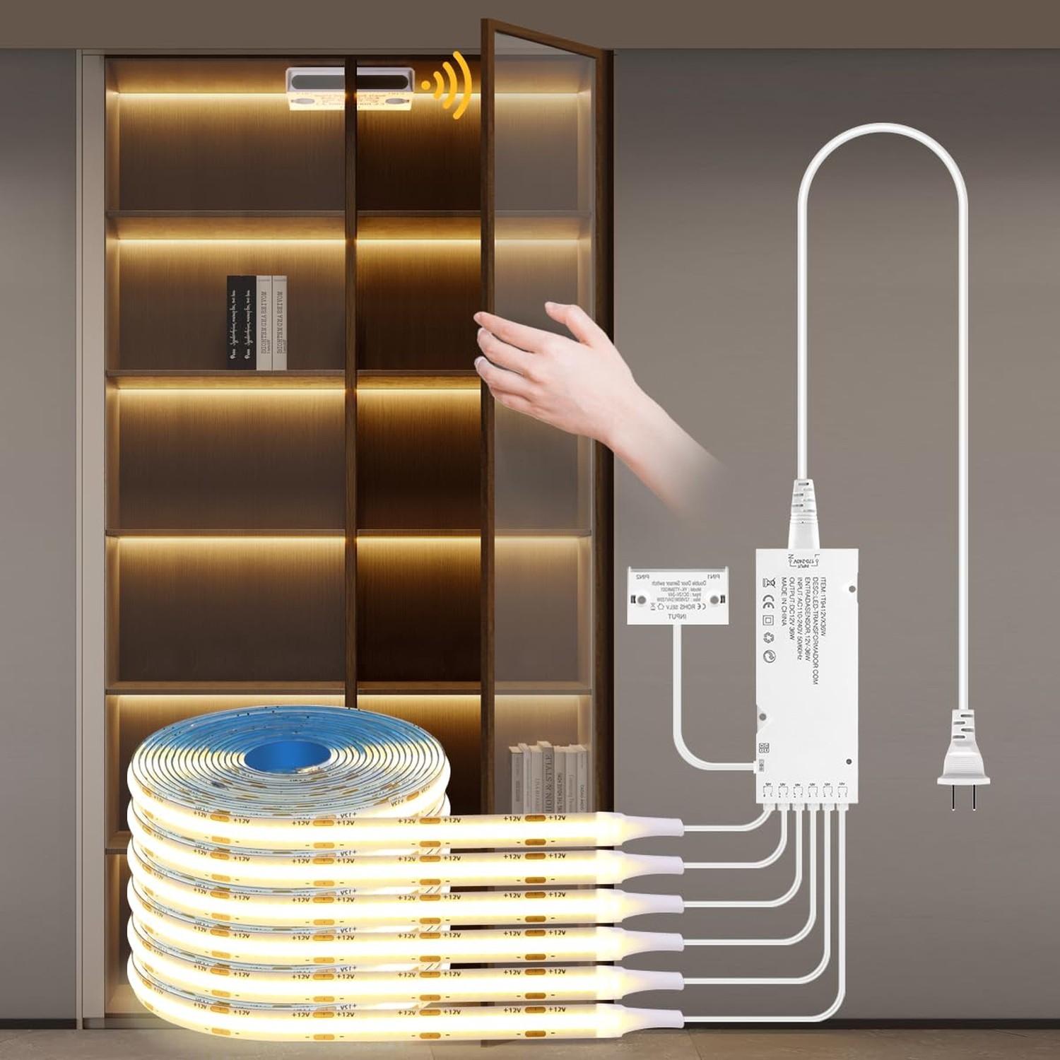 AIMENGTE Cabinet Light 12V 6-in-1 COB LED Strip Light with Dual-Door Sensor S...