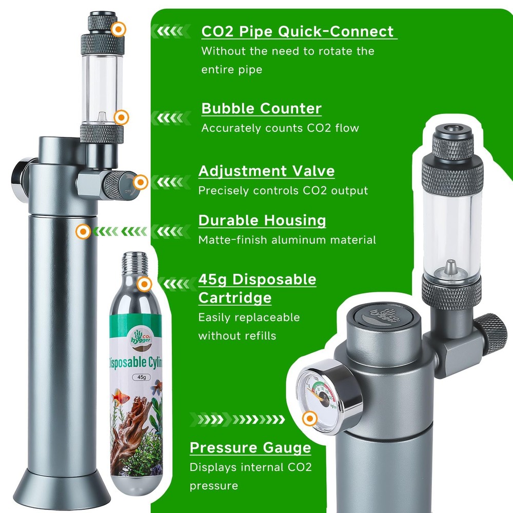 Complete Aquarium CO2 System, Desktop Regulator with 45g silver grey