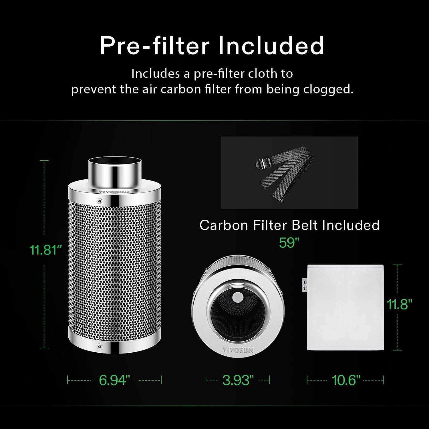 VIVOSUN 4/6/8" Air Carbon Filter 38mm Charcoal Bed w/ Pre-Filter for Inline Fan