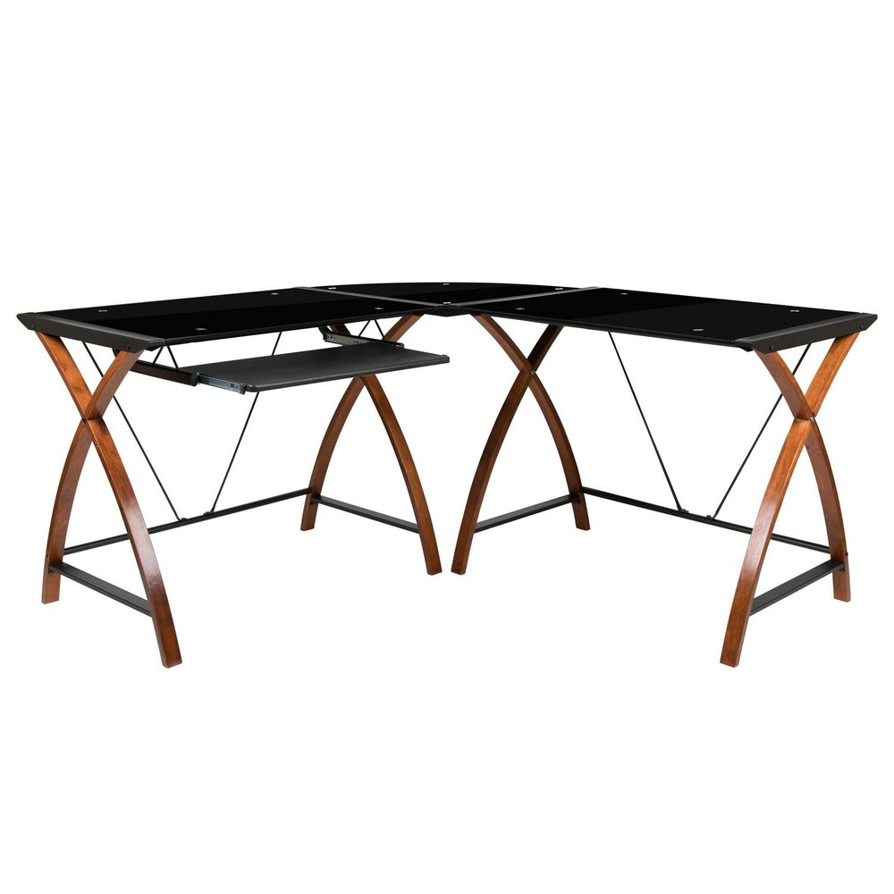 Glass L-Shape Corner Computer Desk With Pull-Out Keyboard Tray