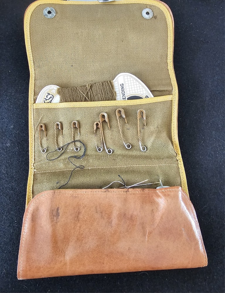 Vintage WW2 Leather Tri-fold Pouch Sewing Kit With Name Plate & Initials
