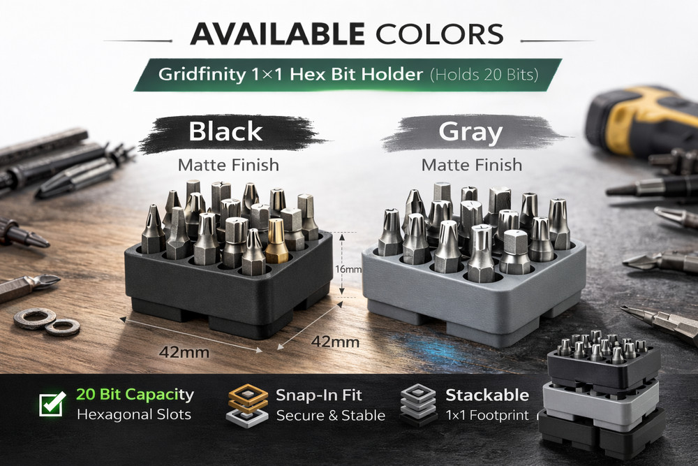 Gridfinity 1x1 Hex Bit Holder – Holds 20 – 1/4” Hex Bit Organizer – Modular