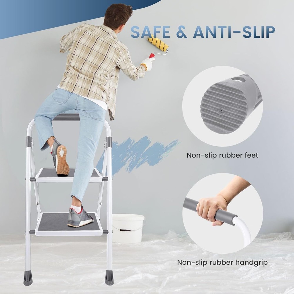 2 Step Ladder, Portable Stool with Wide Non-Slip Pedal Foldable Step Stool Gray