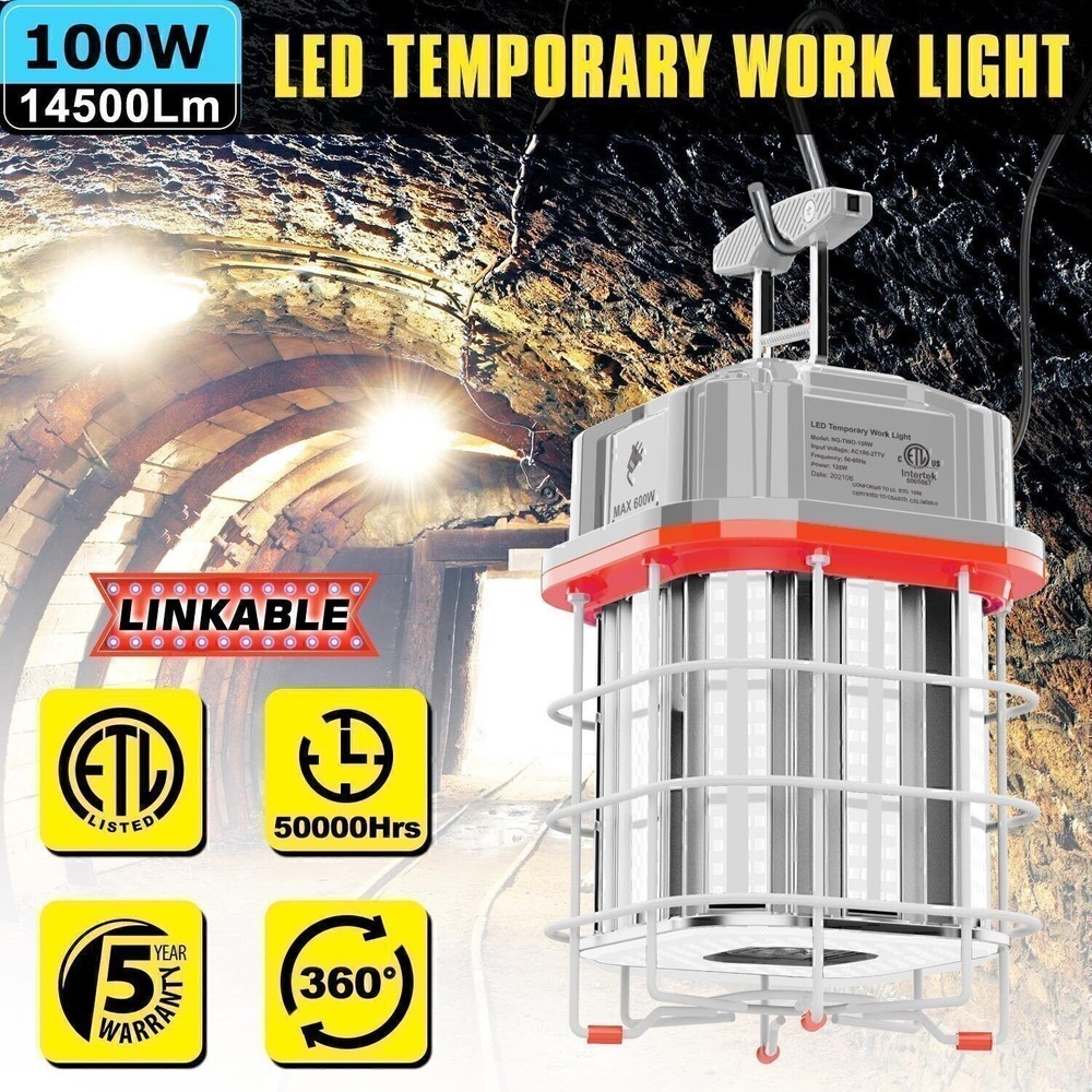 100W LED Temporary Work Light Linkable High Bay Construction Hanging Lamp 5000K