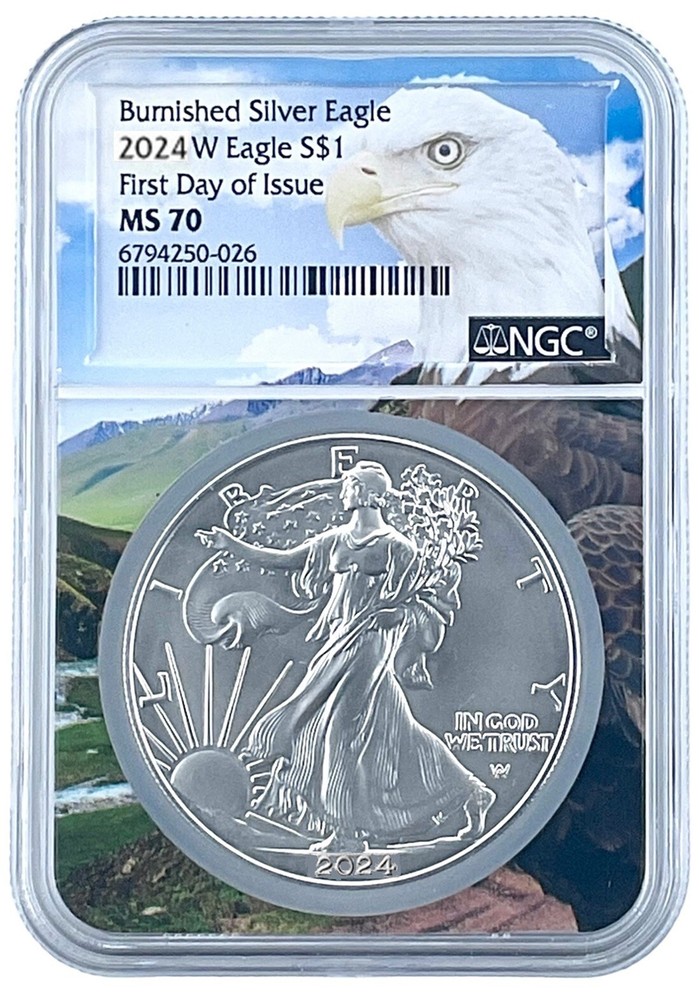2024 W 1oz Burnished Silver Eagle NGC MS70 First Day Issue Eagle Picture Core