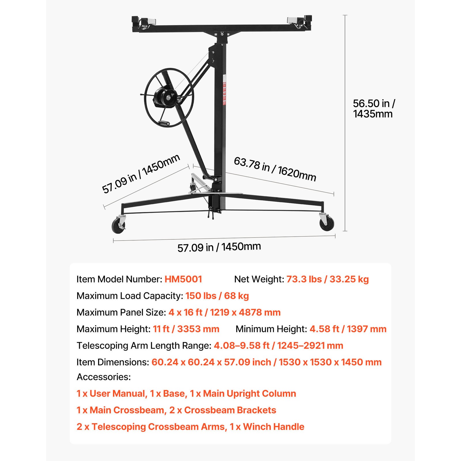 Uimoso 16Ft Drywall Lifter Sheetrock Hoist Lift Adjustable arm & Lockable Wheels
