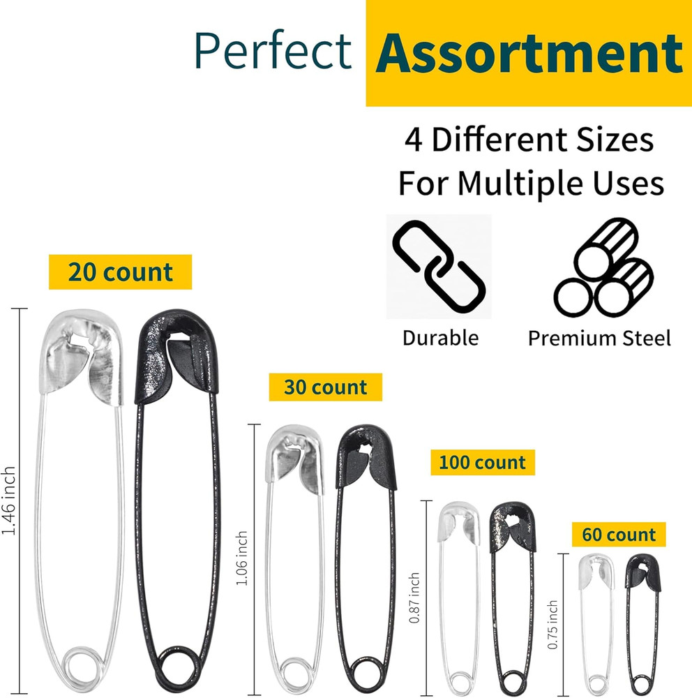 210 PCS 4 Different Sizes Silver and Black Safety Pins Assorted, Small and Large