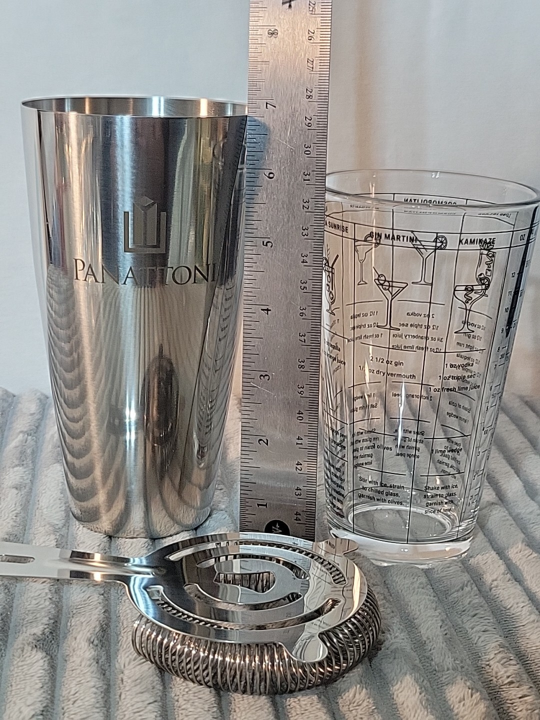 3 pc BOSTON COCKTAIL SHAKER Bar KIT Panattoni Mixing Glass, Strainer Barware