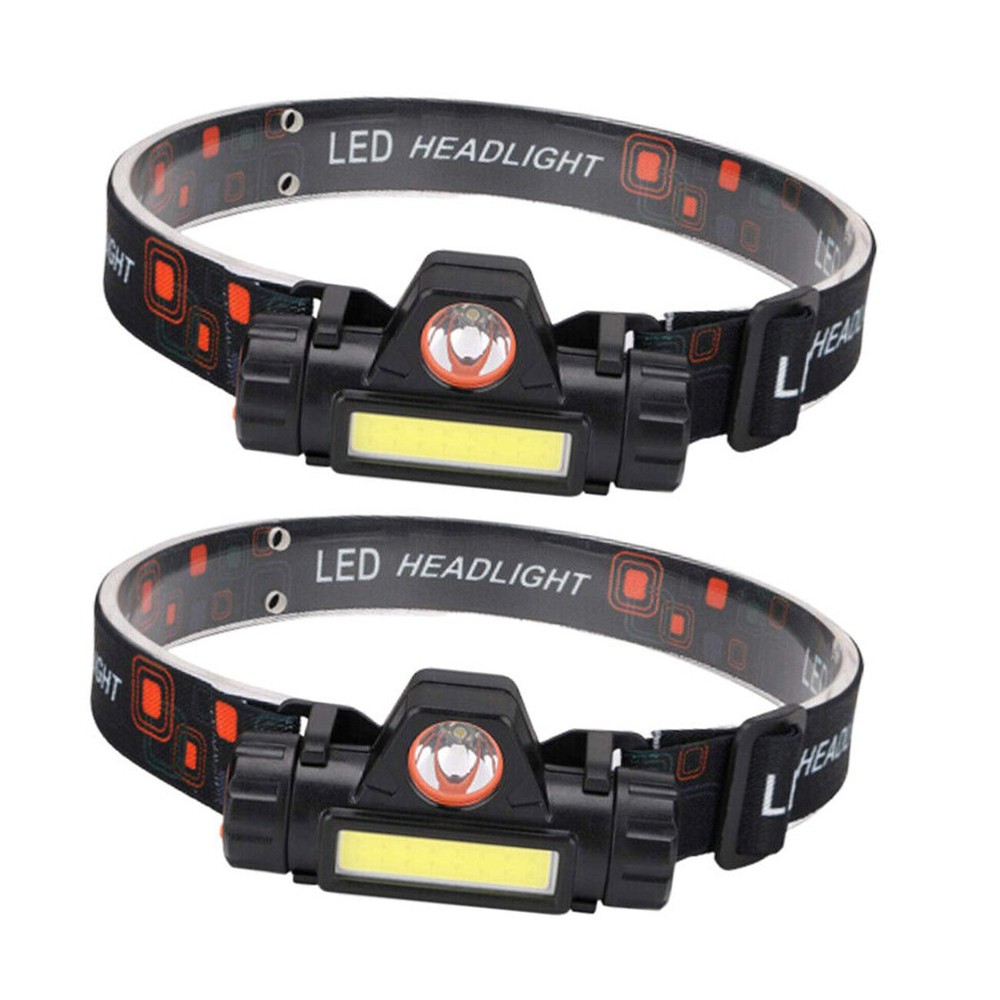 2 PACK LED COB Headlamp Waterproof USB Rechargeable Head Torch Headlight 2 Modes