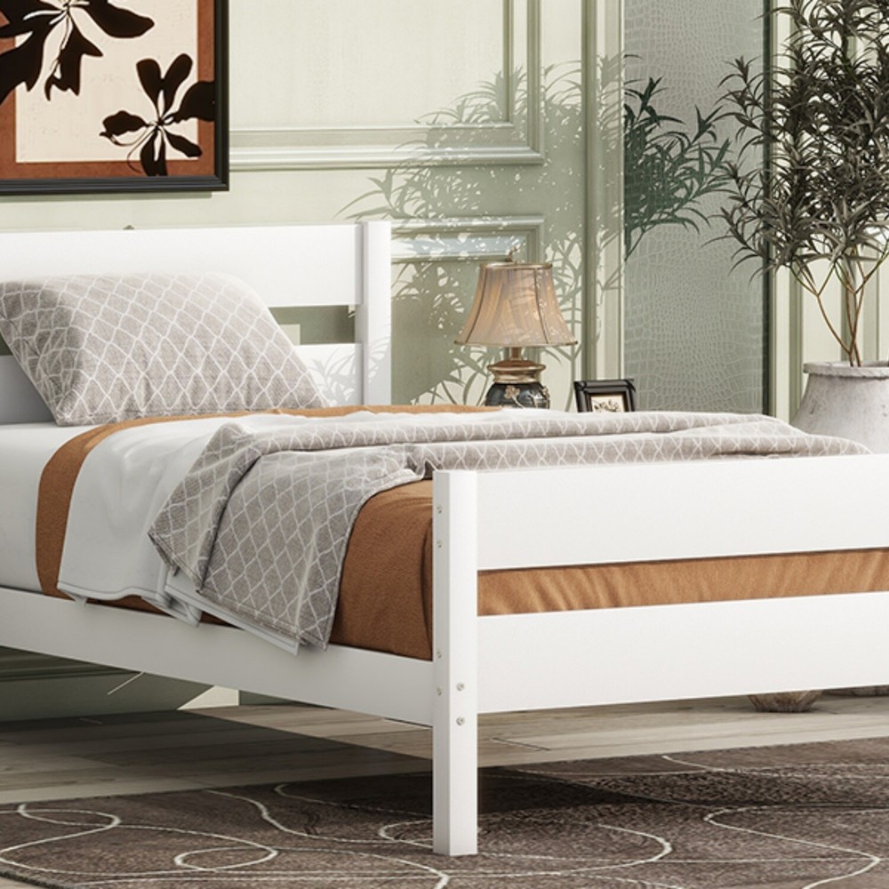 Twin Size Bed Frame Wooden Platform Bed Frame w/ Headboard White/Espresso