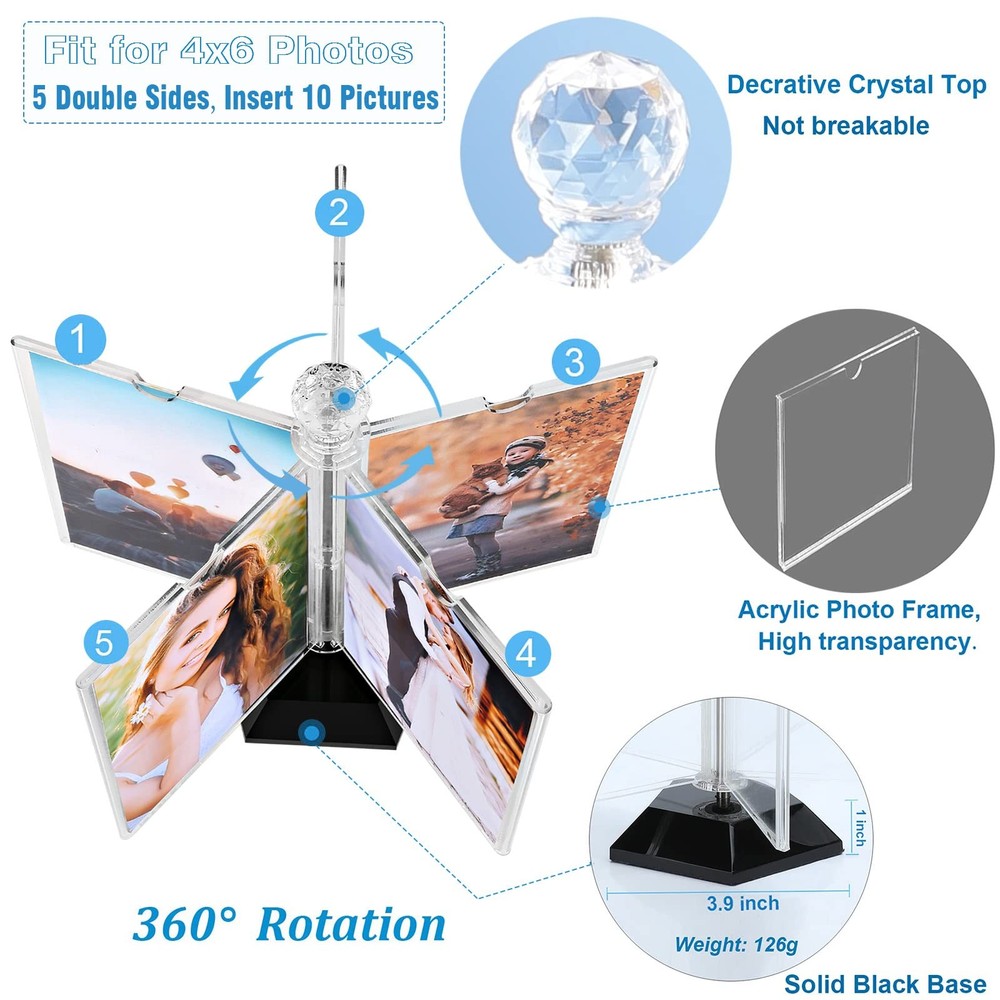 Rotating Acrylic Photo Frame DIY Multiple Picture Frame 5 Double Sides/Insert...