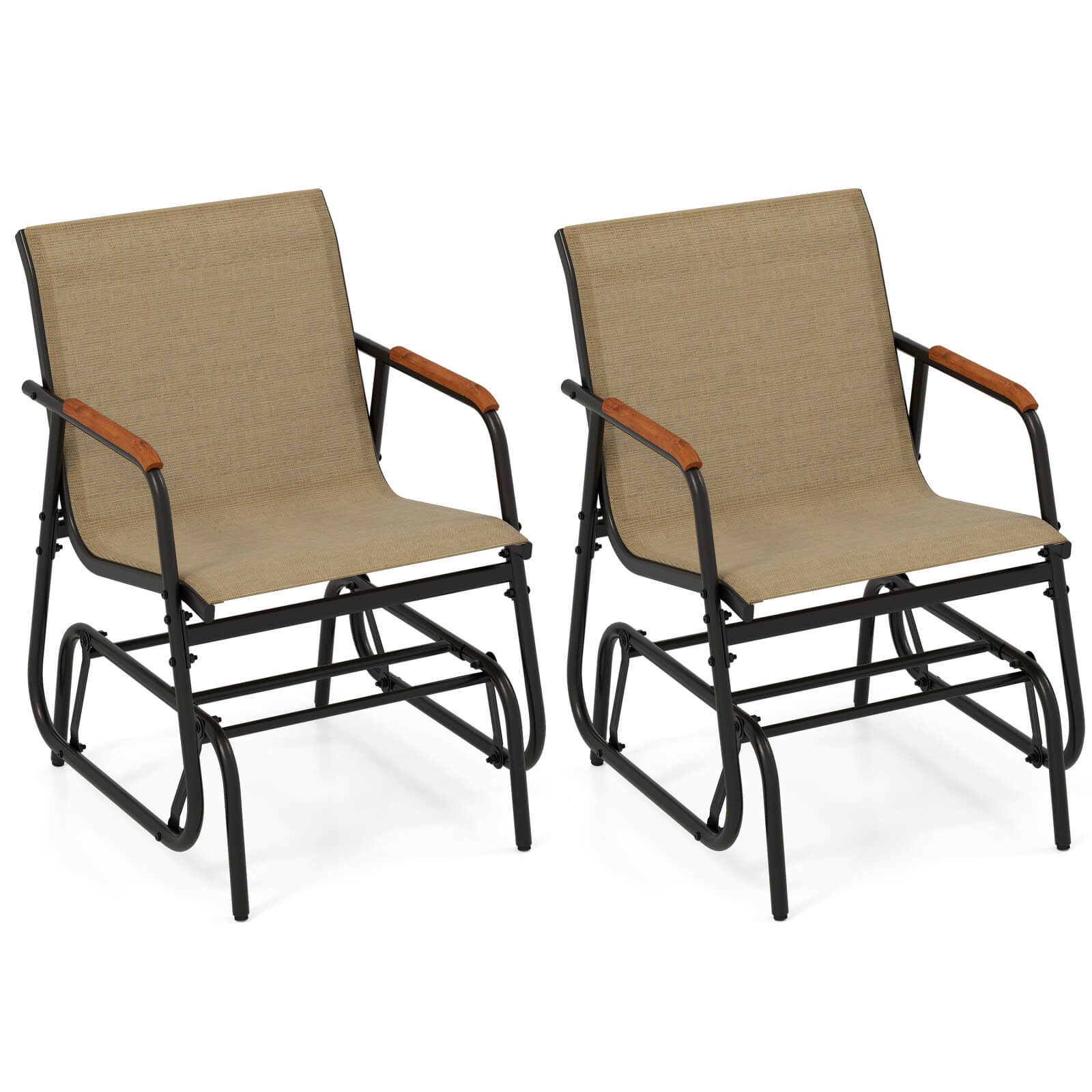 Patio Glider Chair Set of 2 w/ Curved Teak Armrests & Breathable Fabric Seat