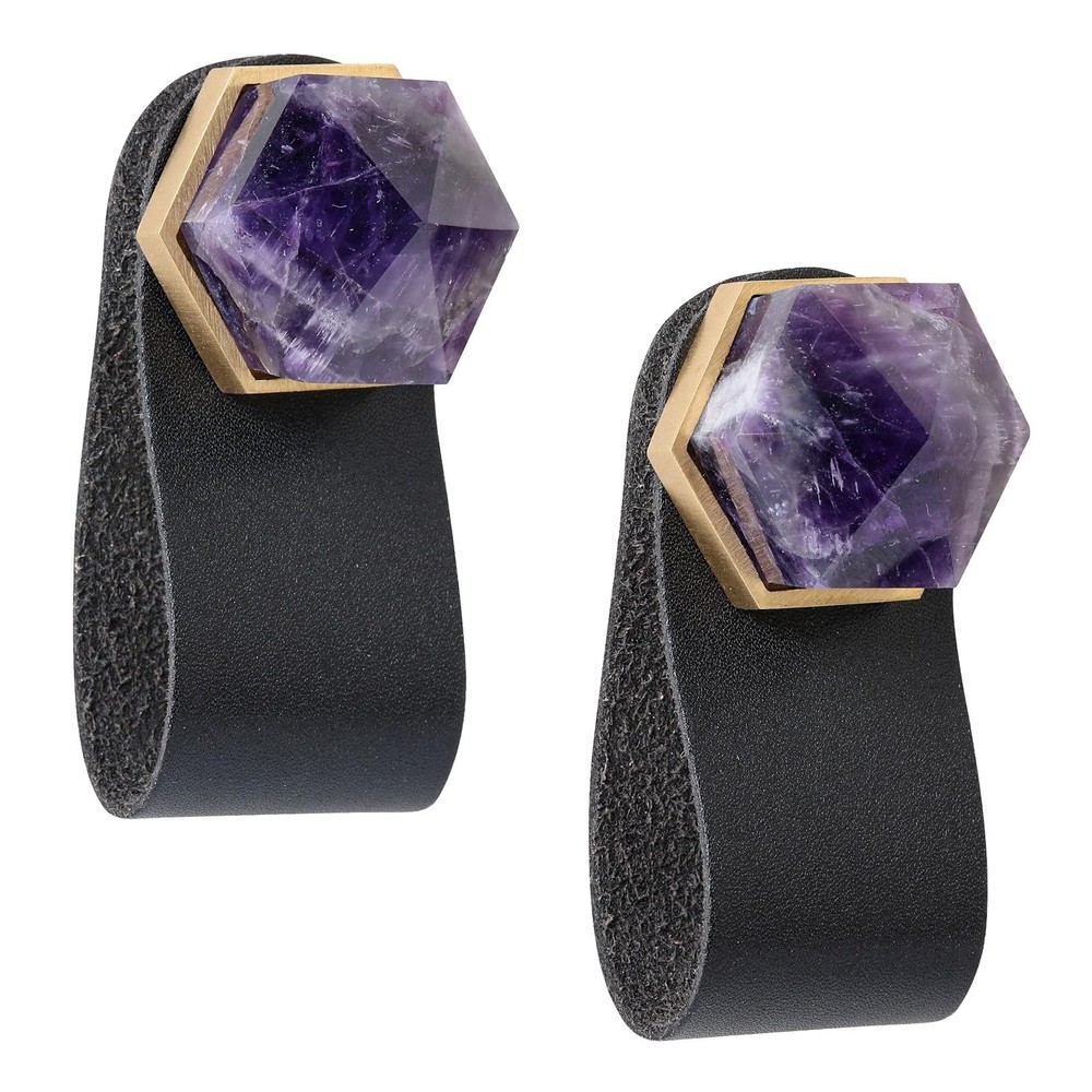 Hexagonal Crystal Cabinet Knobs Handmade Leather Pulls Polished Stone Handles...