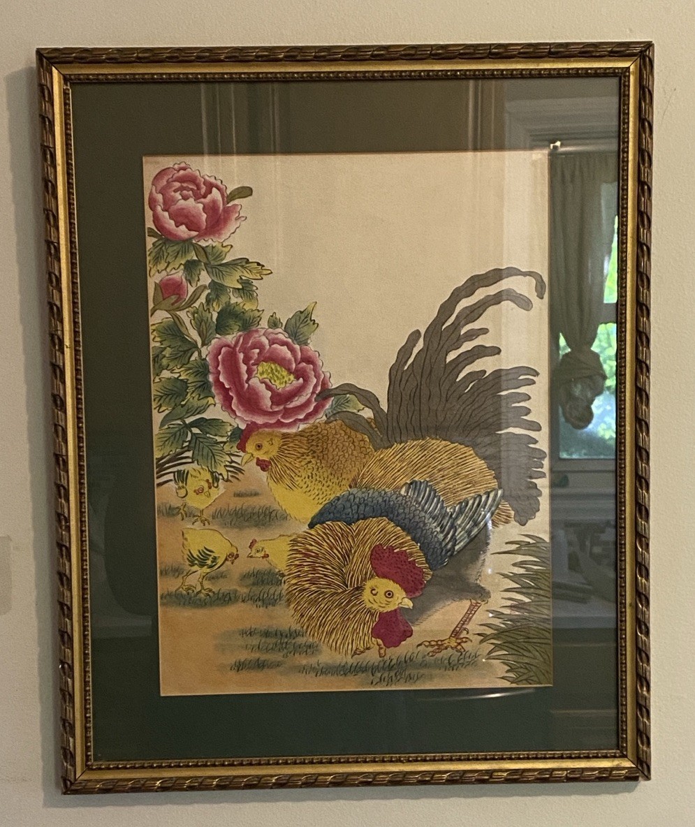 Vintage Asian Rooster & Peony Artwork