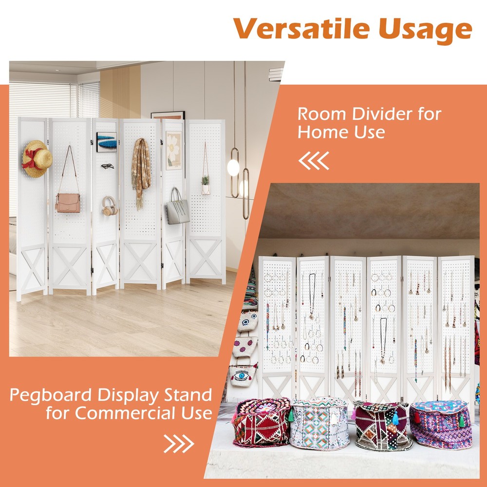 6-Panel Pegboard Room Divider, 67" Tall Foldable Privacy Screen, For Home, White