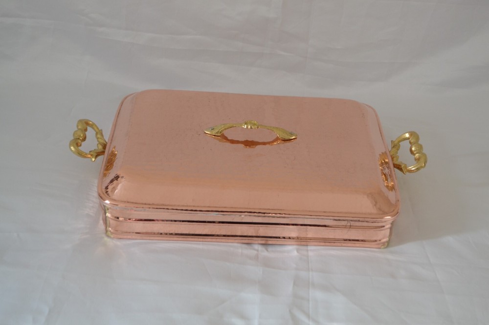 Copper Rectangular Hammered Serving Pot with Brass Handles and Lid Roaster Pan