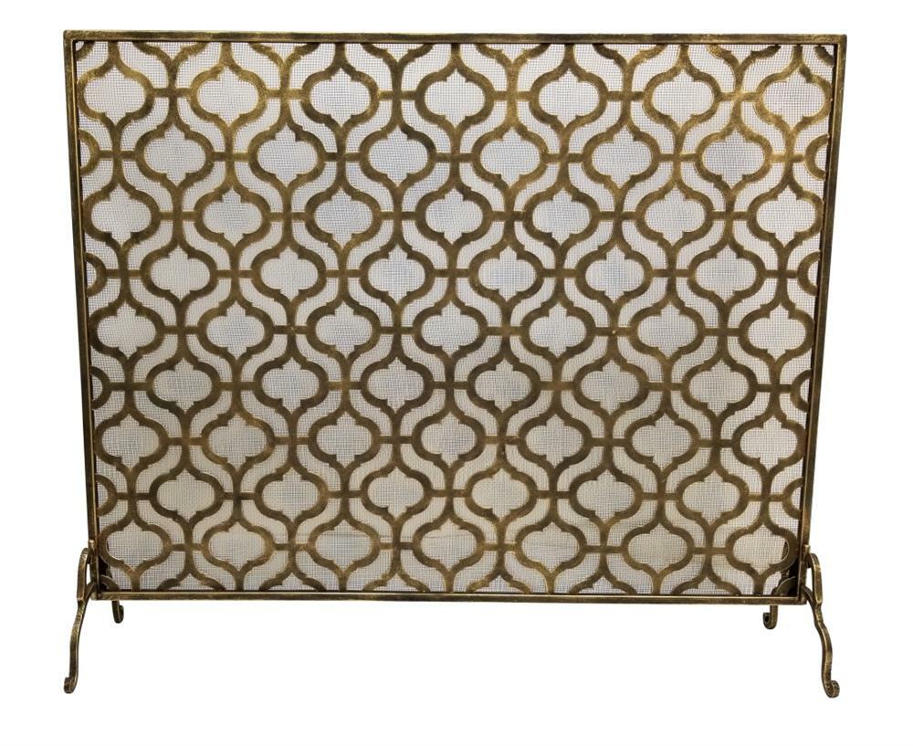 Light Burnished Gold Quadrille Design Single Panel Fireplace Screen- 35''H