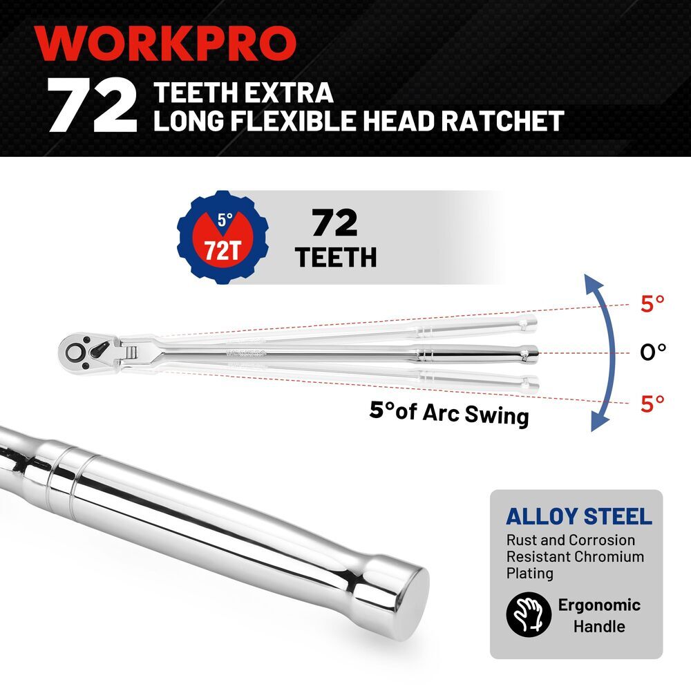 WORKPRO 12" Extra Long Flex Head Ratchet Handle 1/4" Dr Quick Release Reversible