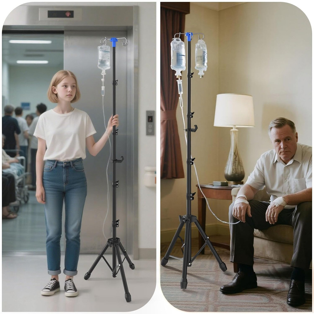 Foldable IV Pole Stand, Portable Telescoping Floor Stand with 4 Hooks, Height Ad
