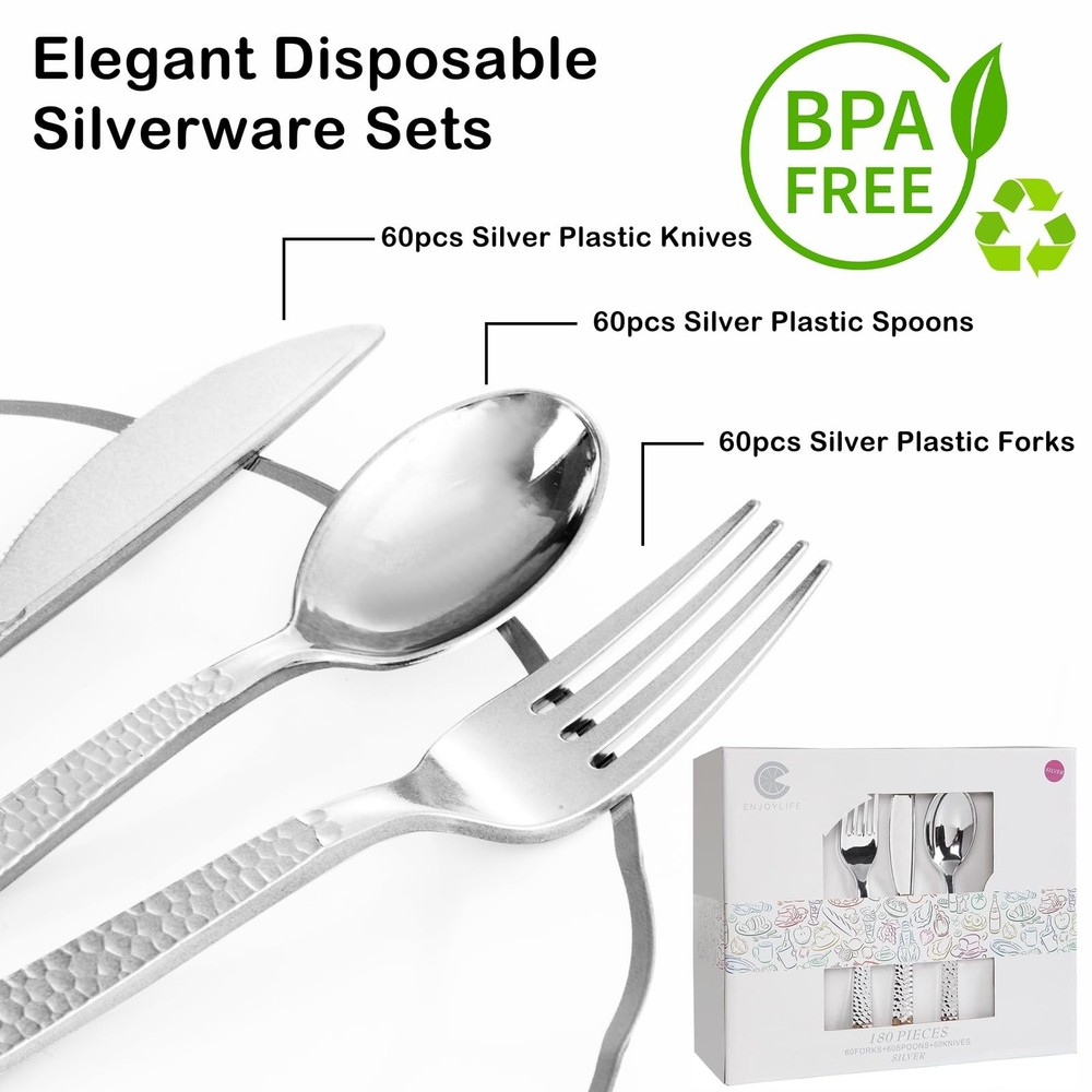 180 pieces Silver Plastic Silverware, Disposable Plastic Silverware Heavy Dut...