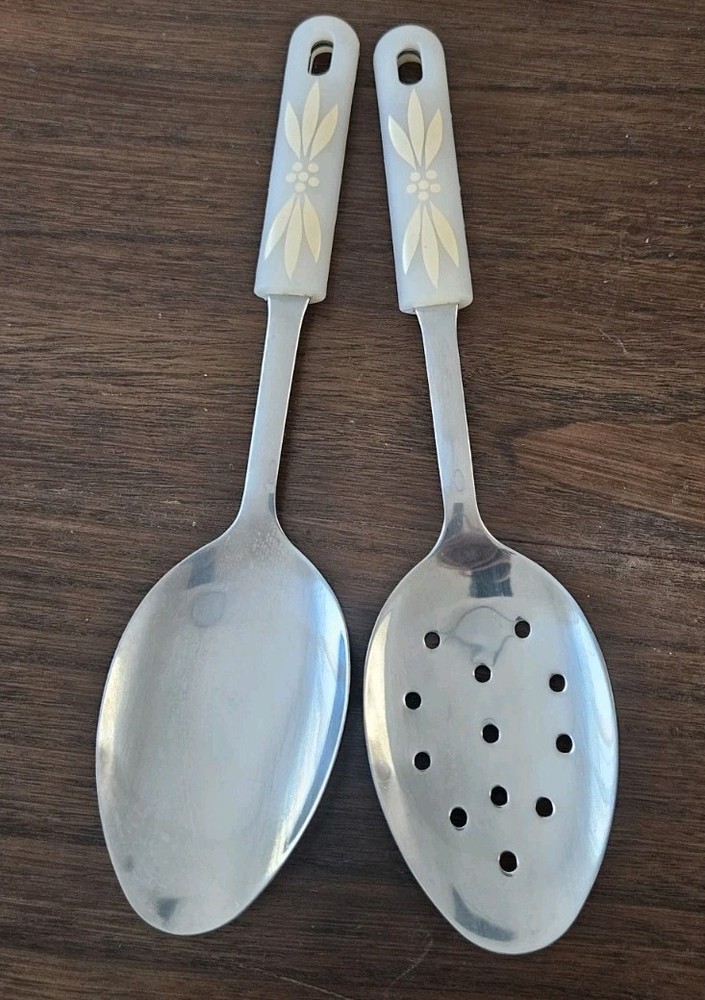 Temptations By Tara (2) Serving Spoons Tan Design 11.75" Silicone Handles EUC