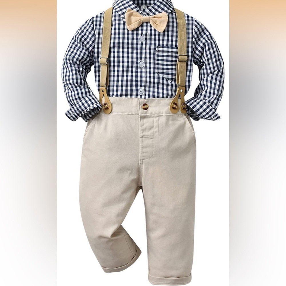 NWT Kids Checkered Shirt and Suspender Set 6 X64