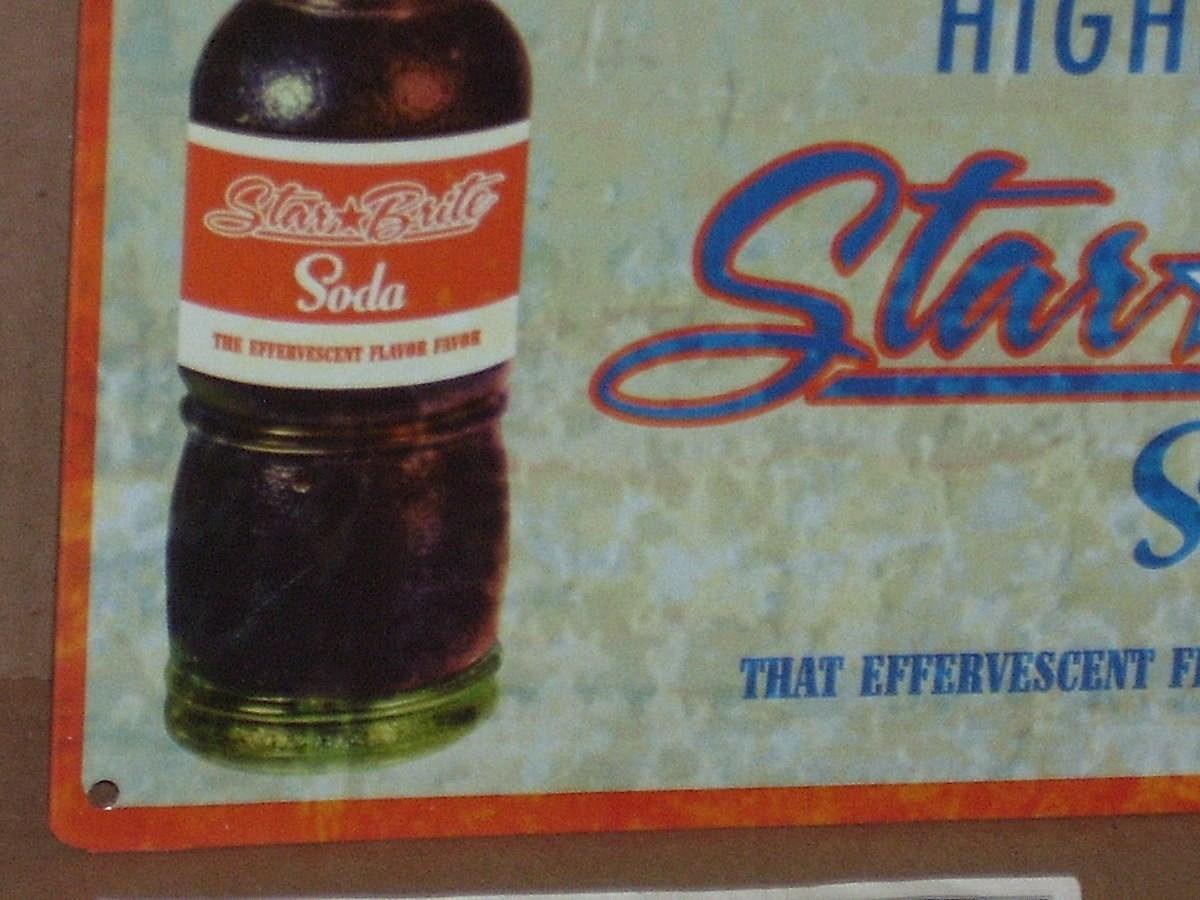 STAR BRITE SODA - TIN SIGN - Shows PRETTY GIRL - Drinking from OLD GLASS BOTTLE