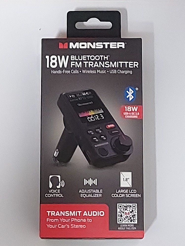 Monster 18W Bluetooth FM Transmitter Hands-Free Wireless Music. USB Charging