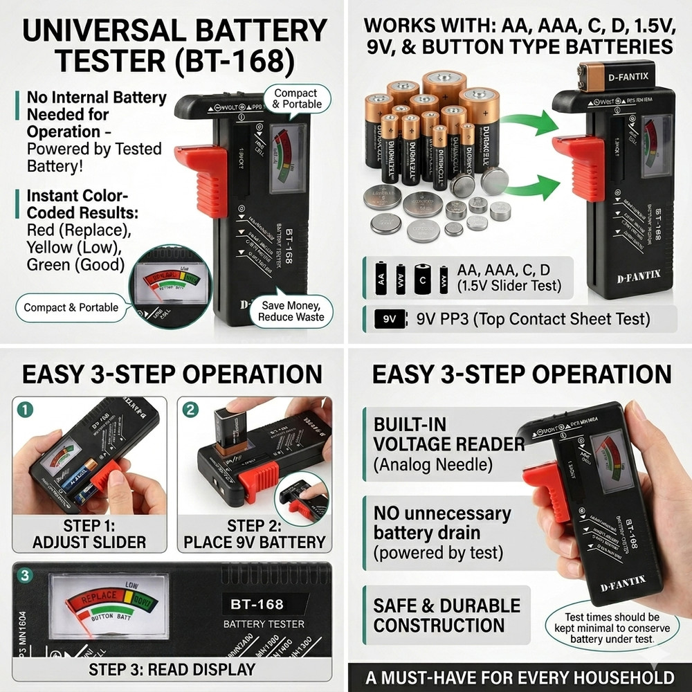 [2 PACK]Universal Battery Tester Checker for AA AAA C D 9V Button Cell-NO BATT