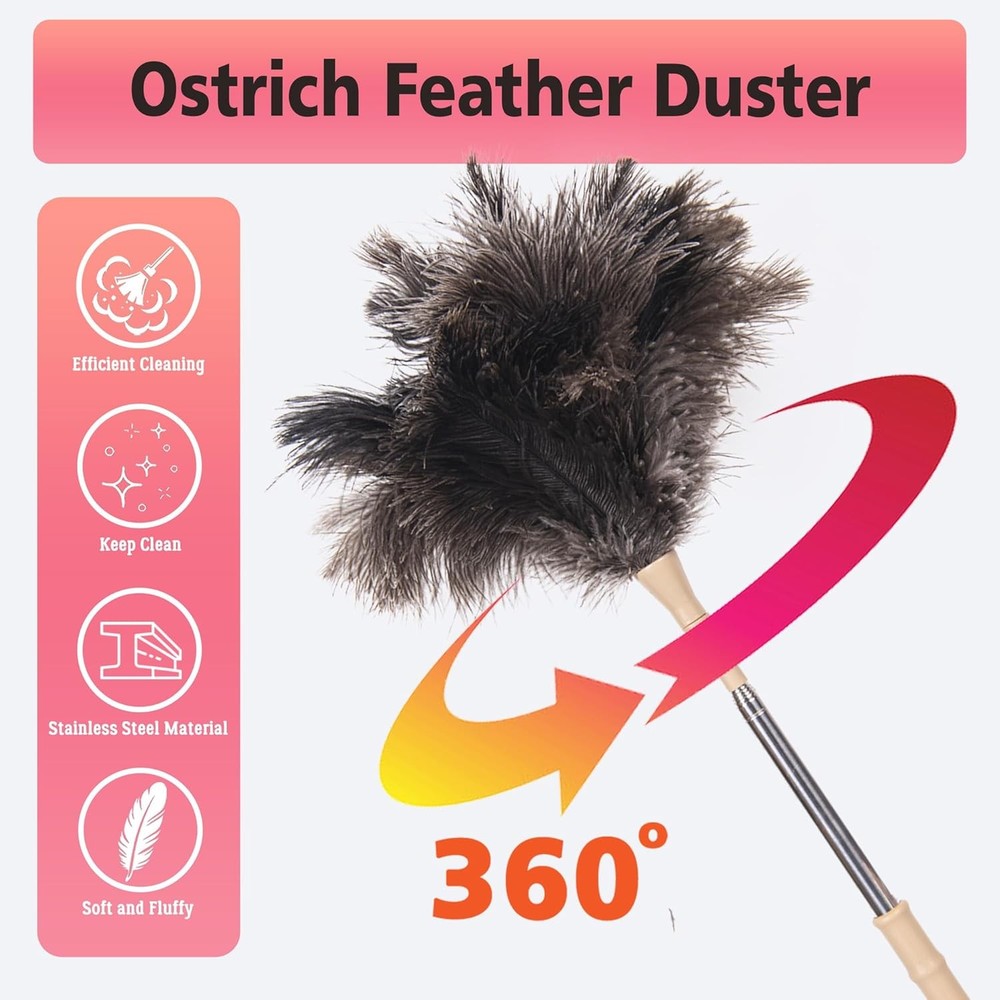 Extendable Ostrich Feather Duster 47" Long Handle Soft Reusable Cleaning Tool.
